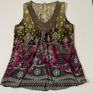Dressbarn Tank Top Womens Medium Floral Beaded Boho Chic Scoop Neck Y2K